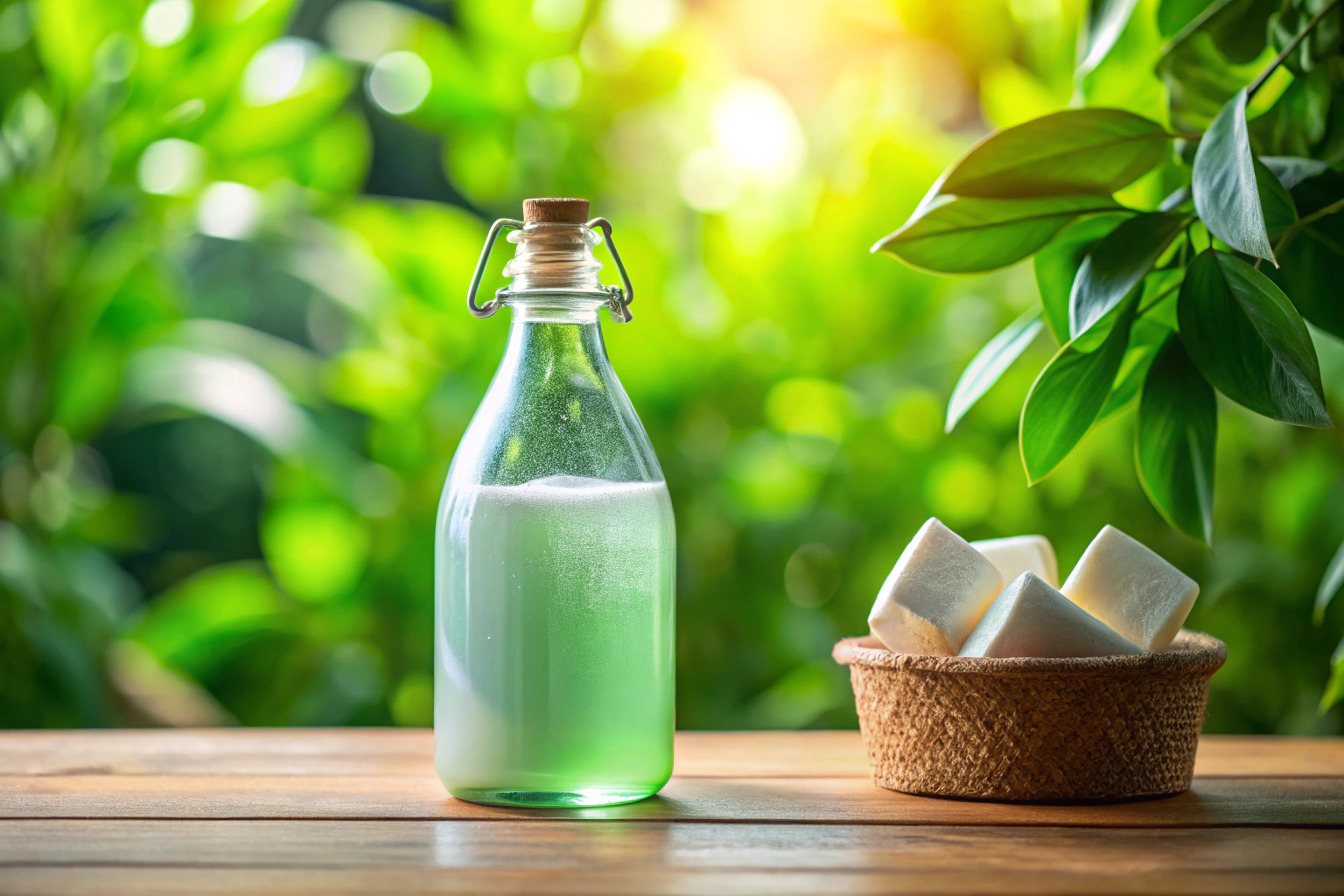 Une bouteille de détergent écologique en verre recyclé, remplie d