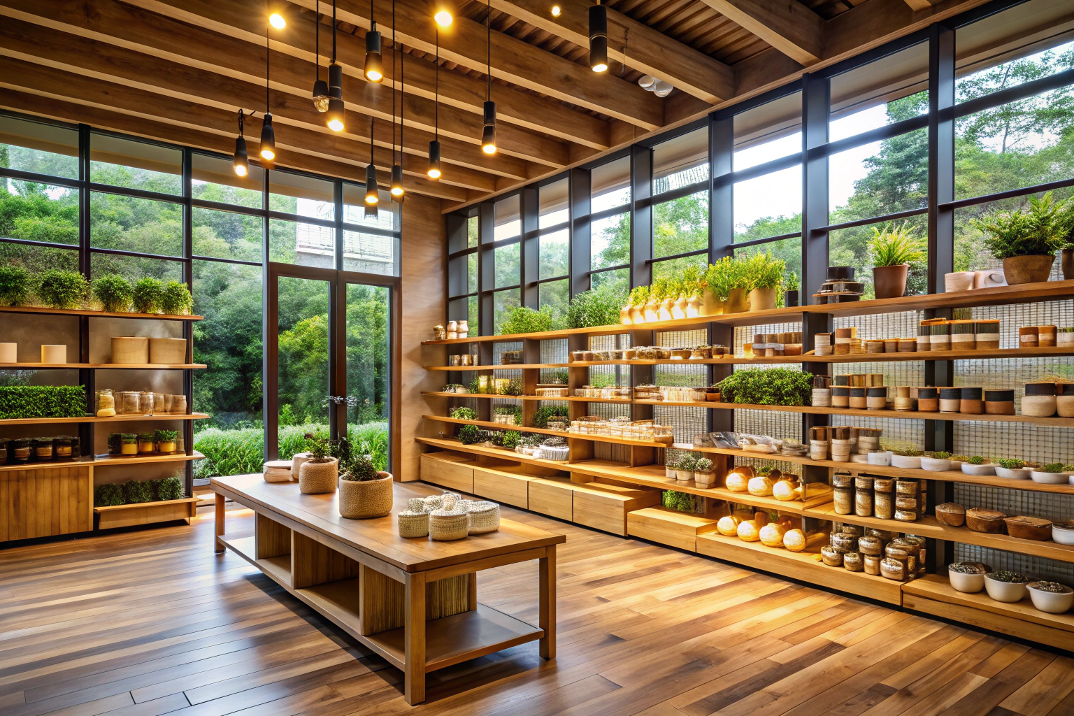 Intérieur spacieux d un magasin avec des rayons en bois naturel, éclairé par de grandes fenêtres, montrant des produits variés soigneusement disposés sans aucun signe de marque