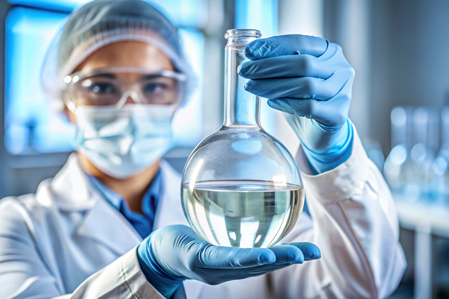 Une personne portant des gants et des lunettes de sécurité, tenant un flacon transparent contenant un liquide clair dans un environnement de laboratoire propre et éclairé, sans aucun texte ou marque visible