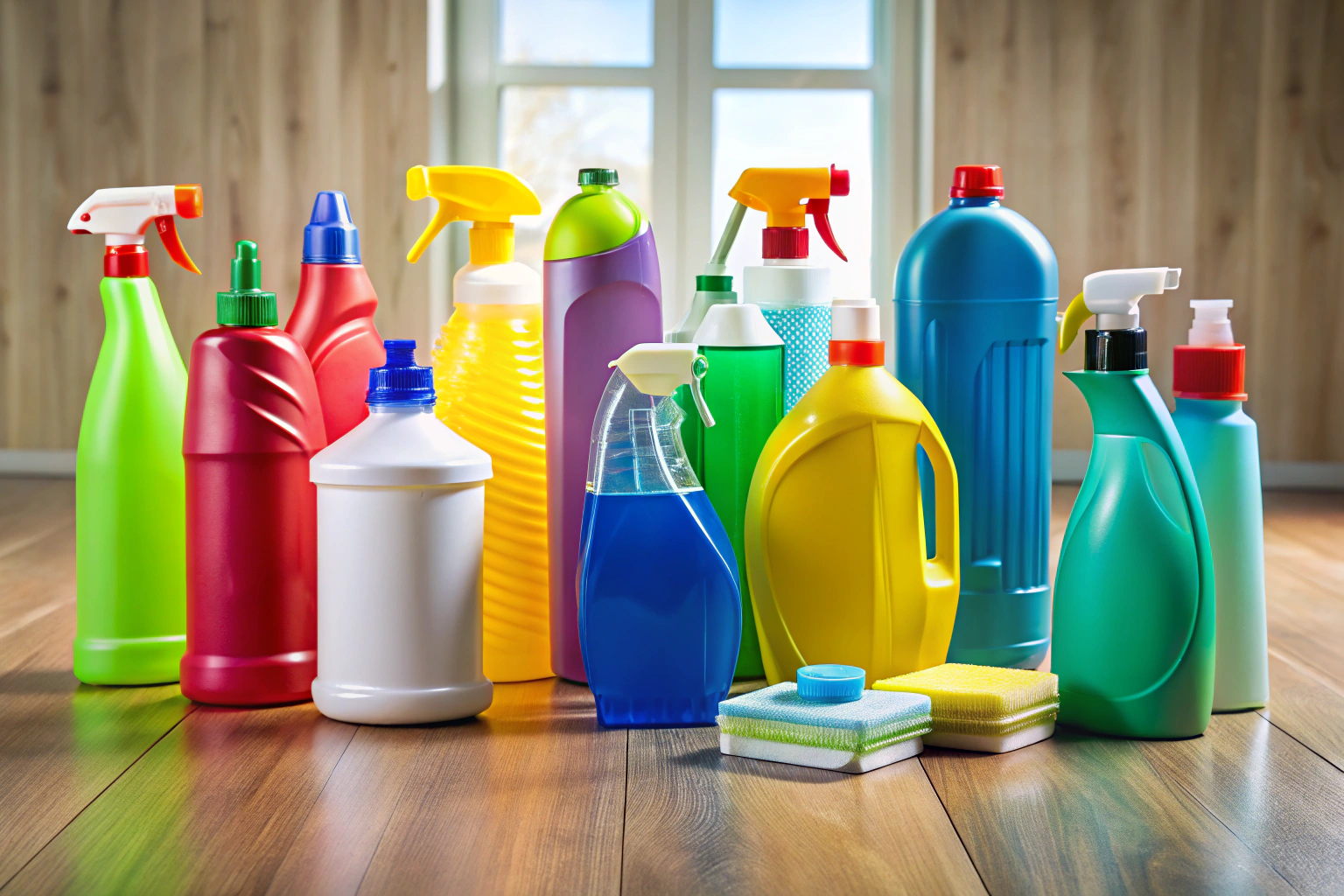 Plusieurs bouteilles de nettoyants pour sols de différentes tailles et couleurs, disposées sur un sol propre et neutre, sans marques ni texte