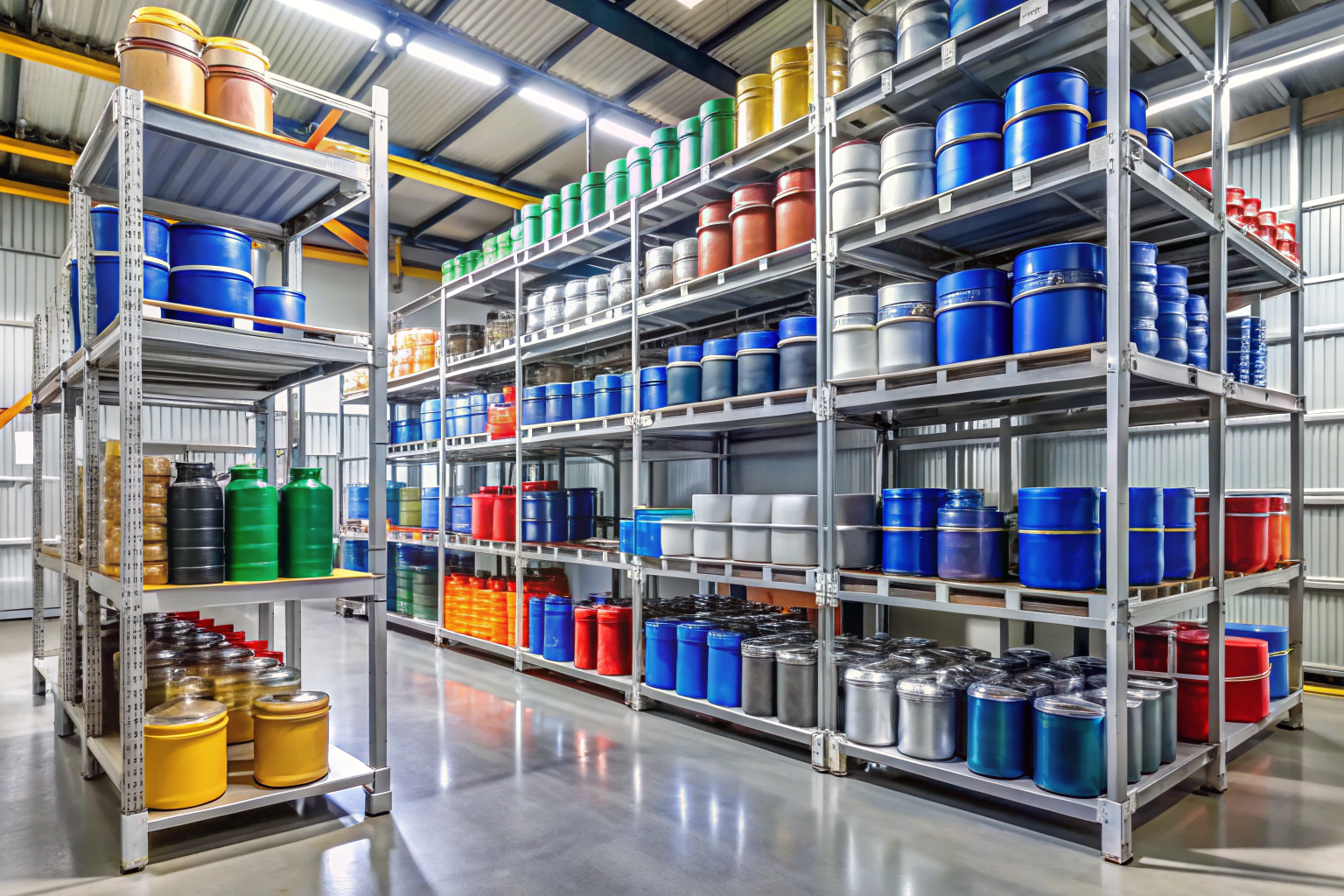 Étagères métalliques dans un local de stockage avec des conteneurs de produits chimiques de différentes couleurs et formes, bien alignés, sans étiquettes visibles, dans un éclairage neutre