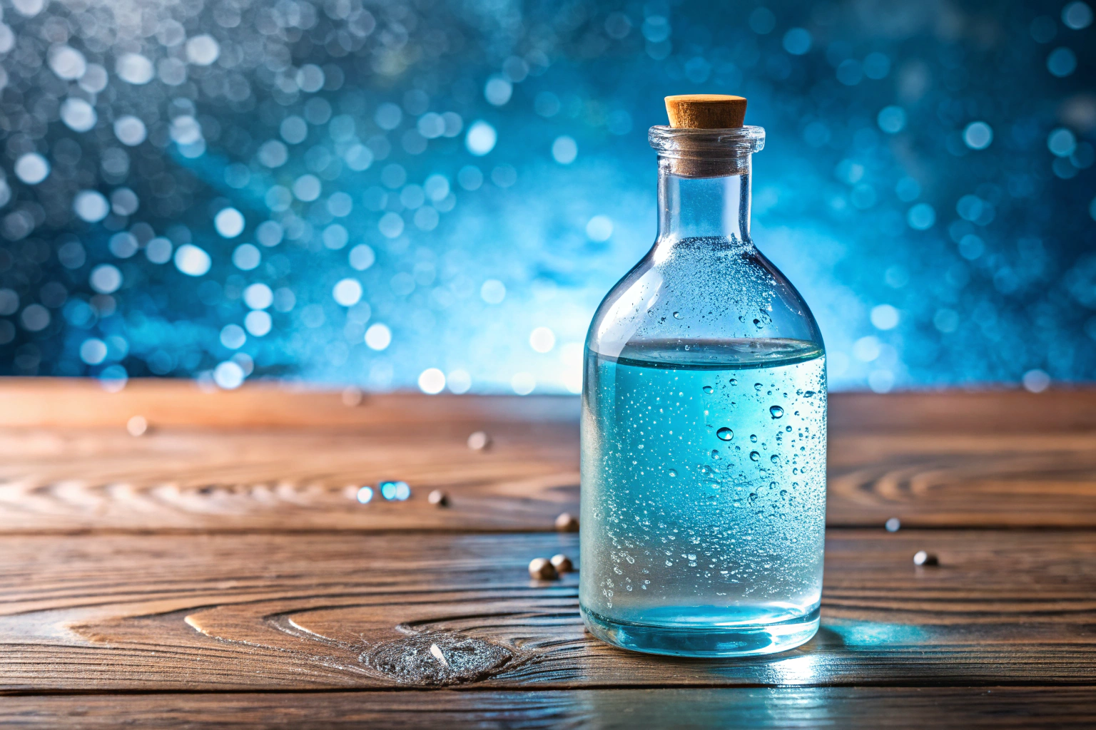 Bouteille en verre transparente contenant un liquide bleu clair, posée sur une table en bois propre, avec des gouttelettes d